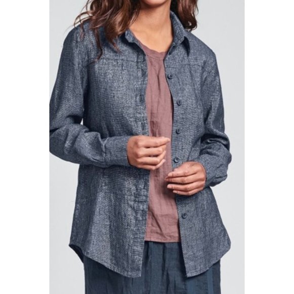 FLAX Metallic McQueen Linen Blend Button Up Shirt Shacket Blue‎ Small $169 - Picture 1 of 11
